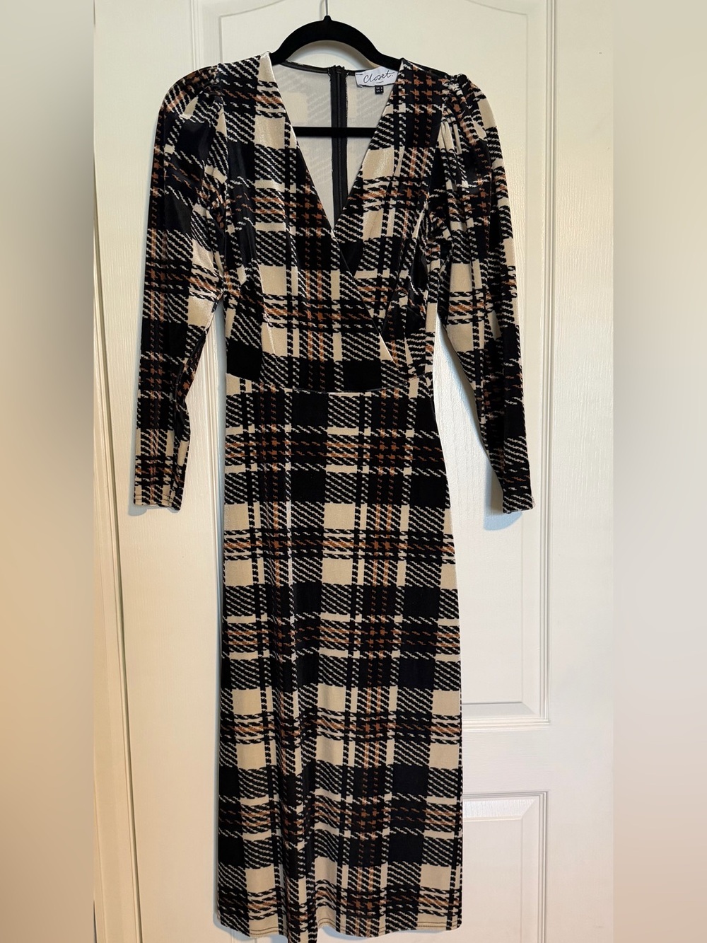 Closet Black, Cream and Brown Plaid Midi Wrap Dress